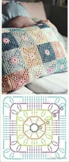 a crocheted blanket and pillow sitting on top of a bed next to each other