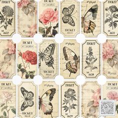 a bunch of tags with flowers and butterflies on them