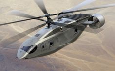 an artist's rendering of a helicopter flying in the sky over desert terrains