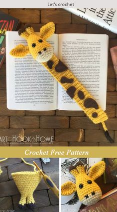 the crocheted giraffe is next to an open book