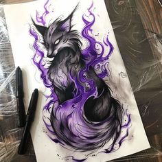 a drawing of a wolf with purple flames on it's face and tail, sitting on top of a piece of paper