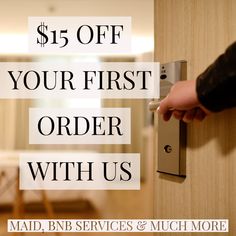 a person's hand is opening a door with the words, $ 15 off your first order with us