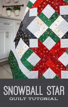 the snowball star quilt pattern is shown in red, green and white with text overlay