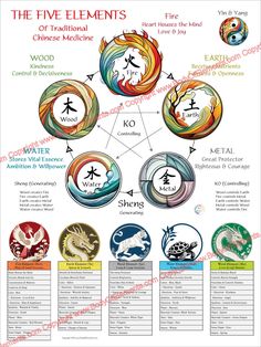 the five elements of chinese medicine with their corresponding symbols and meaningss, including an image of