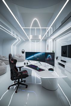 a futuristic office with white walls and flooring