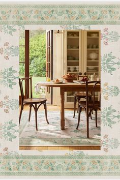 a dining room table with two chairs and a china cabinet in the backround