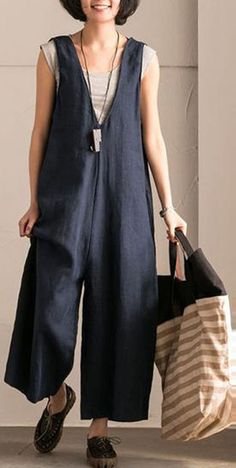 Casual Pure Color Sleeveless Jumpsuits For Women Sewing Patterns For Women, 일본 패션, Overalls Women, Chic Clothes, Sleeveless Jumpsuits, Mode Vintage, Linen Clothes, Dress Code, Diy Clothes