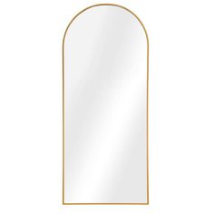 an arch shaped mirror with gold trimmings on the bottom and sides, against a white background