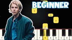 a man standing in front of a piano keyboard with the words beginner above it