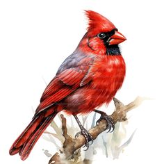 a red bird sitting on top of a tree branch next to watercolor drawing style