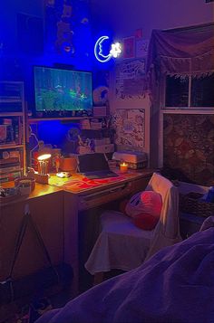 cozy dorm room using neon lights, led lights, accent lights and candles, kirby, miku, sanrio, studio ghibli, and care bear decor. Kirby Themed Room, Kirby Room, Studio Ghibli Room Aesthetic, Led Accent Lighting, Cozy Dorm Room, Chicago Apartment, College Room, College Dorm Decorations, Bedroom Apartment