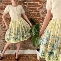 Vintage 1950s Scenic Medieval Novelty Border Print Circle Skirt - Amazing colourful print - Roxy metal zipper closure at the side - Light yellow cotton, skirt is unlined - Great condition, no major flaws - tiny pin head size rust spot hard to see with the print  - Fits best size XS, 24" waist. *Model is wearing a crinoline. Skirt does not come with crinoline.  Skirt is hand tailored. Material feels like 100% Cotton. Measurements are done with garment laying flat and are not doubled. Please refer Vintage Pleated Mini Skirt, Vintage Full Skirt For Spring, Vintage Fashion Skirt For Spring, Spring Vintage Skirt For Vintage Fashion, Spring Vintage Fashion Skirt, Fitted Vintage Mini Skirt, Fitted Vintage Skirt For Vintage Fashion, Vintage Yellow Fitted Skirt, Vintage Fitted Skirt For Spring