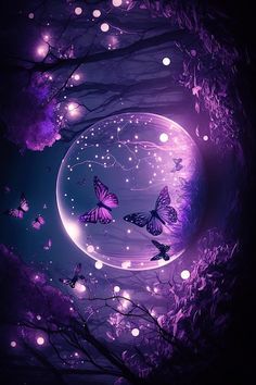 purple butterflies flying in the night sky over a tree filled with stars and moon lights