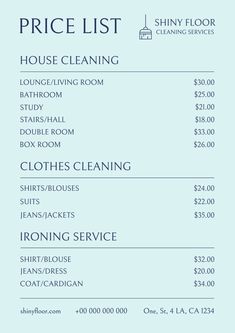 the price list for a house cleaning service