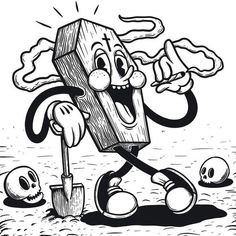 a black and white drawing of a wooden block with a shovel in it's hand