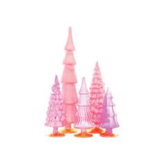 three pink and one purple plastic trees are shown in this image on a white background