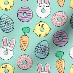 a blue background with donuts, carrots and bunnies