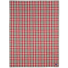 a red and grey plaid blanket on a white background