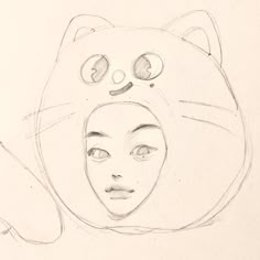 a drawing of a woman's face with a cat on her head and eyes