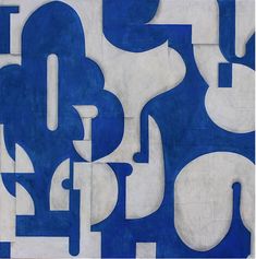 an abstract painting with blue and white shapes