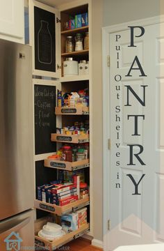 an open pantry door with the words pantry on it and other items in front of it