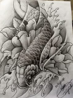 a drawing of a koi fish on paper