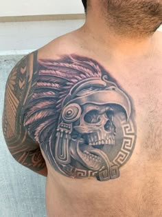 Are you looking for an original and impressive tattoo? Then Aztec tattoo design is right for you. It provides large-scale and profound meaning to feel solid and confident. Also, we will provide excellent tattoo designs for your inspiration. Aztec Skull Tattoo Design, Forearm Cover Up Tattoo Men, Aztec Chest Tattoo, Warrior Chest Tattoo, Aztec Skull Tattoo, Mexican Tattoo Ideas For Men, Tattoos With Deep Meaning, Forearm Cover Up Tattoos, Aztec Warrior Tattoo