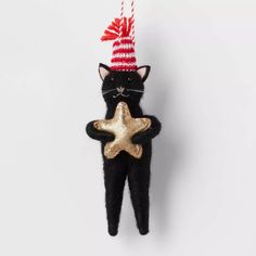 a black cat with a red and white striped hat holding a star ornament