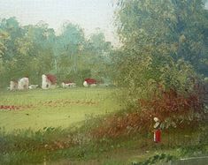 an oil painting of a woman in a red dress standing by a field with cows