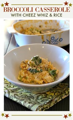 broccoli casserole with cheez whiz and rice in a white bowl