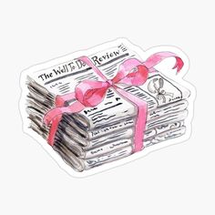 a stack of newspapers with a pink ribbon tied around the front and back of it