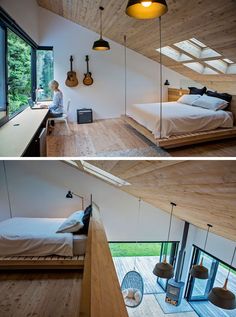 two pictures of a bedroom with wooden floors and ceiling lights, one is made from wood