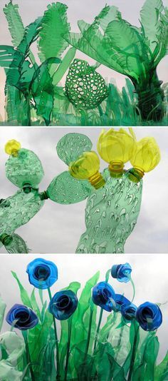 three different images of flowers made out of plastic bottles