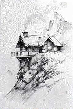 a drawing of a house on top of a mountain