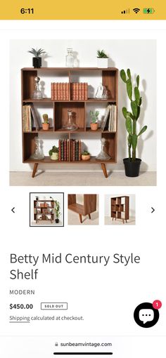 an advertisement for a book shelf with books on it and plants in vases next to it