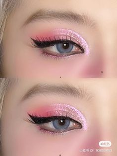 Pink Oc Art, Pink Fairy Makeup Looks, Pastel Pink Eyeshadow, Pink Fairy Makeup, Pink And White Makeup, Glitter Eyeshadow Looks, Bold Lipstick Makeup, Pink Eye Makeup, Cute Eye Makeup