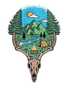 an animal skull with trees and mountains in the background, surrounded by campfires