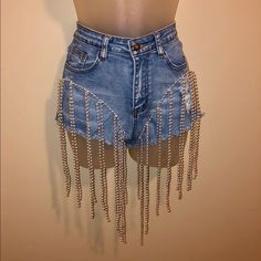 Beaded Shorts Summer Party Jean Shorts With Rhinestone Fringe, Party Denim Bottoms With Fringe, Embellished Blue Bottoms For Night Out, Chic Denim Shorts For Party, High Waist Bottoms With Rhinestone Fringe For Summer, Party High-waist Jean Shorts With Rhinestone Fringe, High Waist Jean Shorts With Rhinestone Fringe For Party, Party Embellished Denim Bottoms, Rhinestone Fringe Shorts For Spring Party