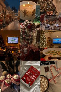 a collage of pictures with christmas decorations and food on display in the middle one has a book