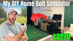 a man is in the living room with his golf simulator on tv and there is a red arrow pointing at him