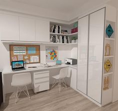 a computer desk sitting in the corner of a room next to a book shelf and chair