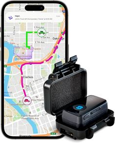 an image of a cell phone with a gps device attached to it and a map in the background