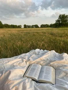 an open book sitting on top of a white blanket in a field with tall grass