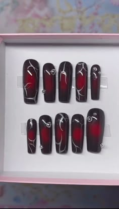 Red And Black Airbrush Nails, Nails Red And Black Design, Berserk Nails, Aura Nails Red, Dark Fairy Nails, Red And Silver Nails, Baby Blue Acrylic Nails, Hippie Nails