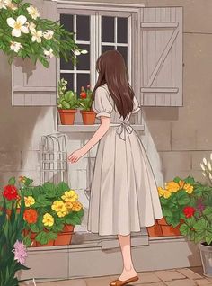 a girl standing in front of a window with potted flowers on the windowsill