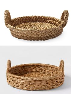 two baskets with handles made out of woven material, one is empty and the other has an oval handle