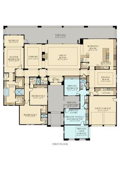 the floor plan for a two story home with multiple living areas and an open kitchen