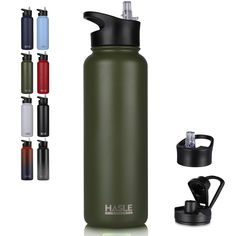 thermos water bottle is shown with its lid open and several other items around it