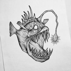 a drawing of a fish with its mouth open