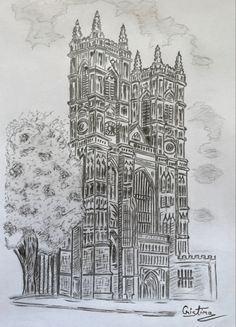 a drawing of a cathedral with trees in the foreground